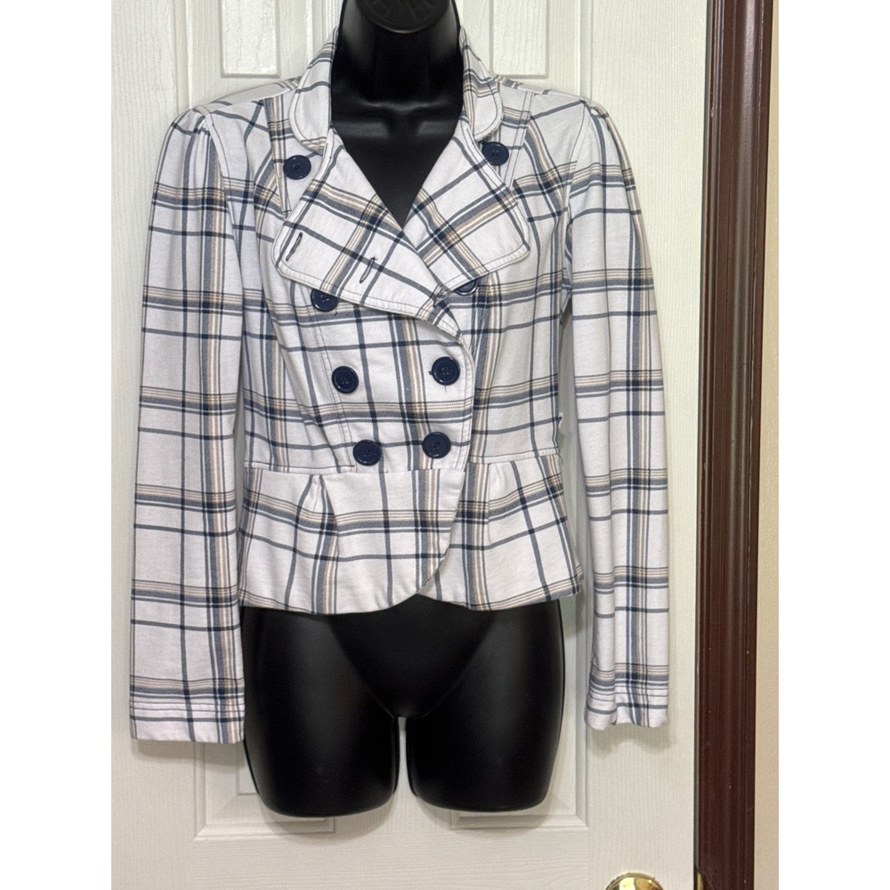 Self‎ Esteem Plaid Double Breasted Peplum Jacket Career Casual White Blue